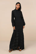 Women Sexy Black Backless Gown Trumpet Hem Long Sleeve Maxi Dress