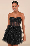 Women Sexy Black Sequin Dress Tiered Mini Sheer Bustier Dress
