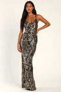 Women Sexy Black and Gold Sequin Dress Mermaid Maxi Dress