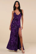 Women Purple Sequin Dress Mermaid Maxi Dress