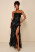 Women Sexy Black Maxi Strapless Bustier Sequin Mermaid Dress