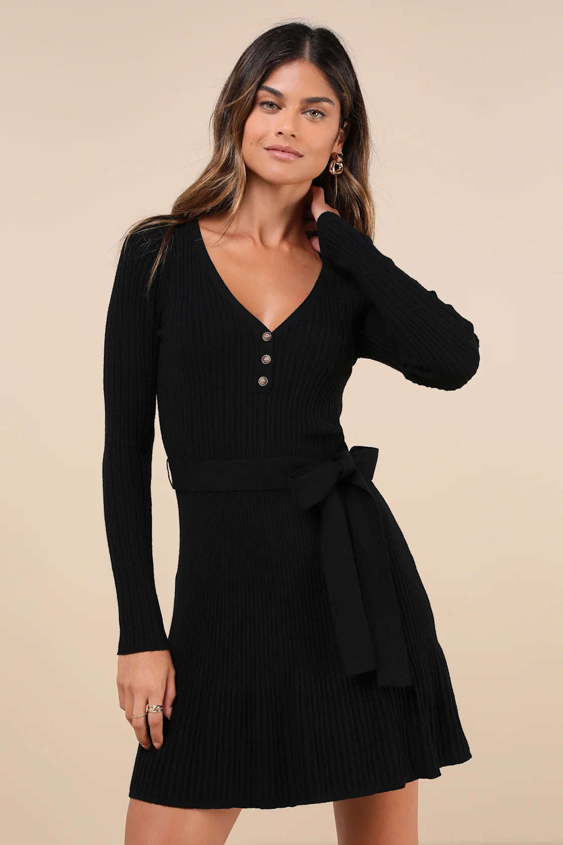 Women Sexy Black Henley Sweater Mini Dress Fit-and-Flare Dresses