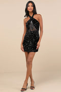 Women Sexy Black Sequin Mini Dress Velvet Sequin Fringe Dress